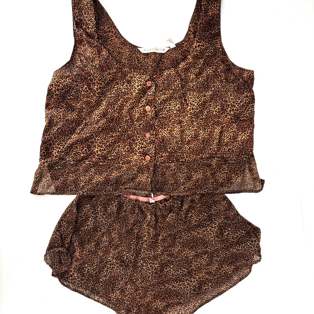 VTG Y2K Victoria Secret Button Cami Leopard Print Sheer Semi‎ Shorts Medium